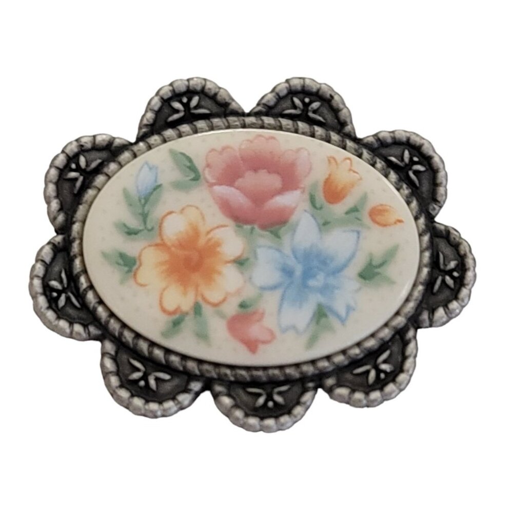 Longaberger Silver Tone Mother's Day 2003 Ceramic Flower Brooch Pin, Signed K85